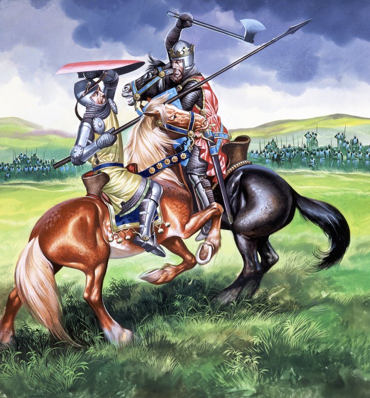 Robert Bruce, kongen av Skottland som er i ferd med å drepe Sir Henry de Bohum (gouache på papir) av Ron Embleton