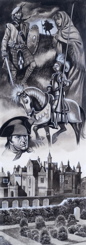Skotsk slott og personligheter fra skotsk historie (gouache på papir) av Ron Embleton
