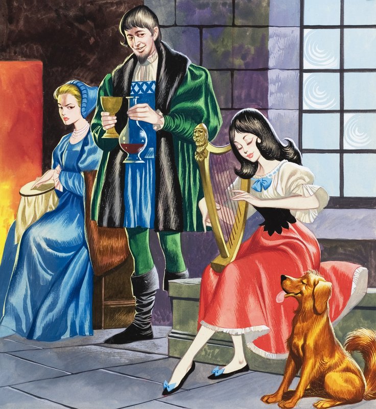 Snøhvit spiller harpe for faren sin (gouache på papir) av Ron Embleton