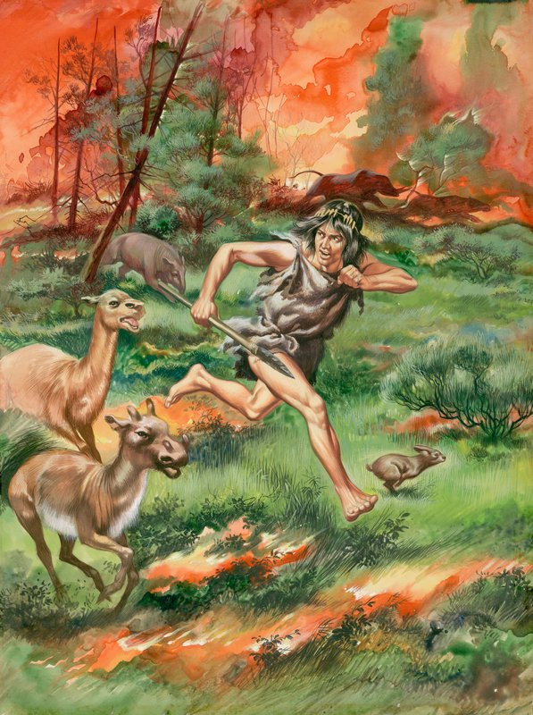 Mann fra steinalderen, på flukt fra ild sammen med dyr (gouache på papir) av Ron Embleton