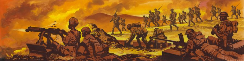 Slaget ved Keren, den britiske hærens indiske og sudanske tropper vant (gouache på papir) av Ron Embleton