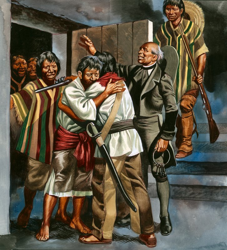 Den meksikanske revolusjonen begynte da pater Hidalgo ledet en gruppe væpnede menn til det lokale fengselet. av Ron Embleton