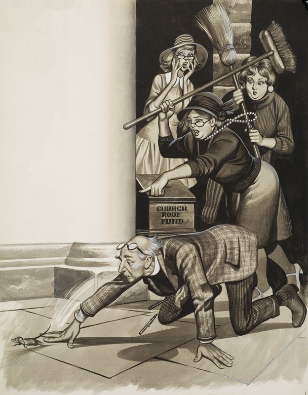 Sogneprest og kvinner (gouache på papir) av Ron Embleton
