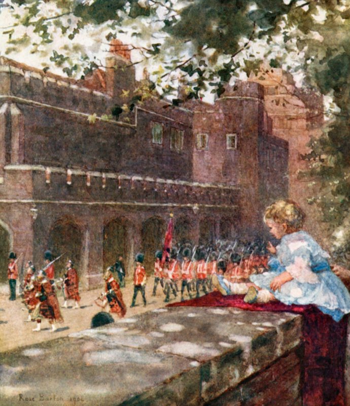 HKH Prins George av Wales ser på de skotske vaktene fra Marlborough House av Rose Maynard Barton