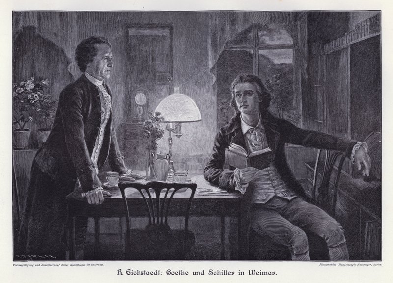 De tyske forfatterne Friedrich Schiller og Johann Wolfgang von Goethe i Weimar (gravering) av Rudolf Eichstaedt