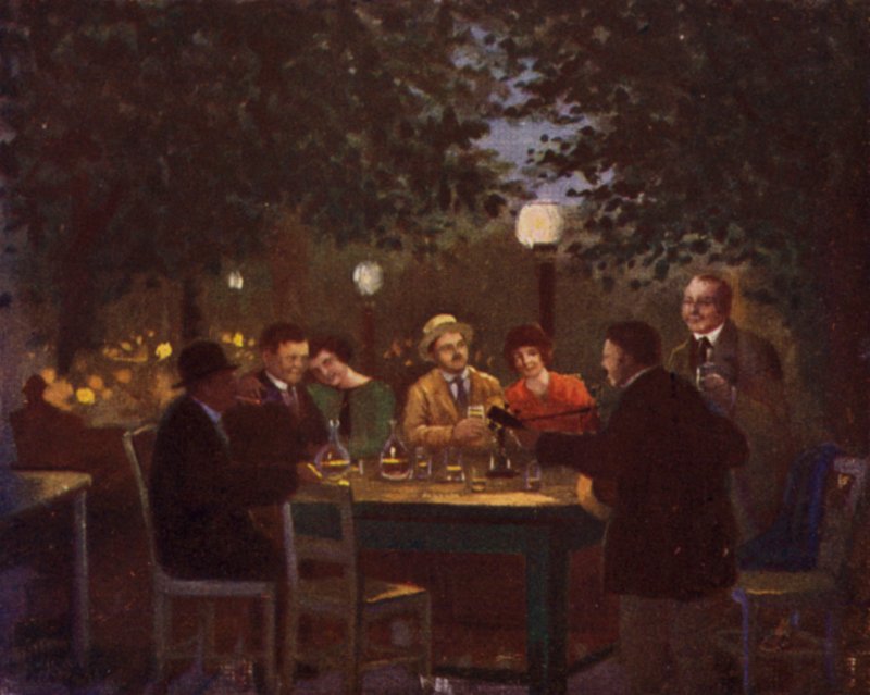 Et "Heurigen" parti (farge litho) av Rudolf Klingsbogl