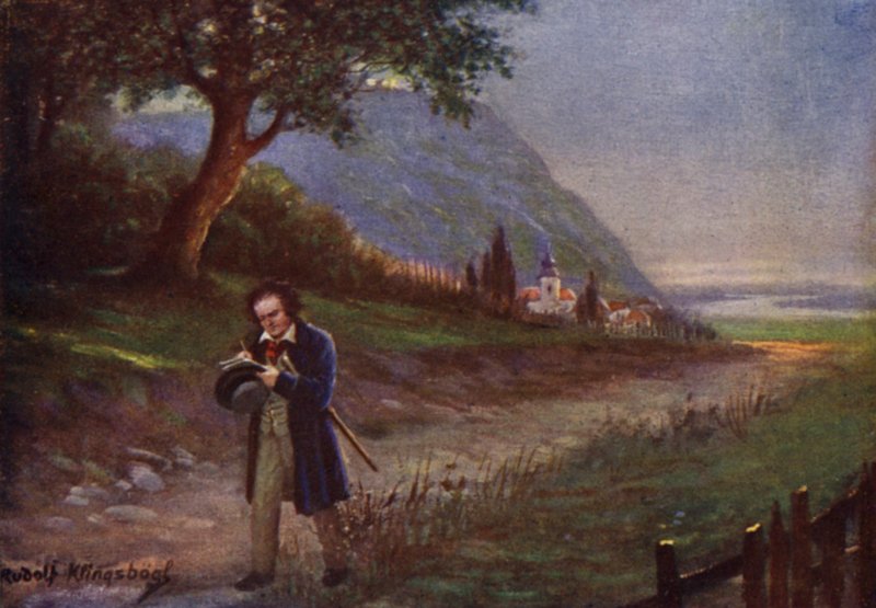 Beethoven på sin morgentur i Wien-forstaden Kahlenbergerdorf (farge litho) av Rudolf Klingsbogl