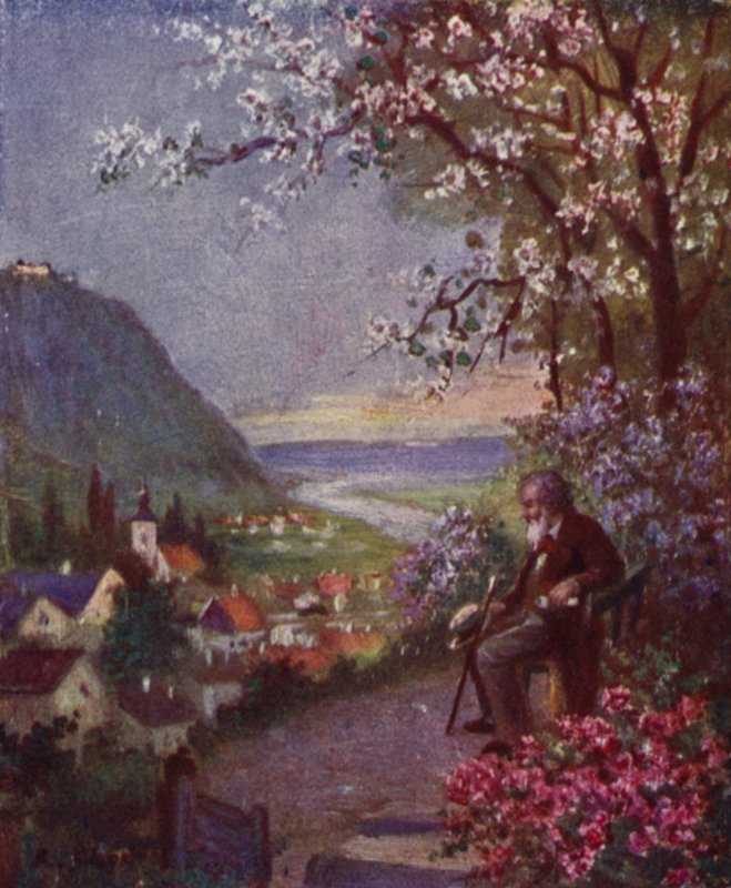 Leopoldsberg, I forgrunnen Brahms, hviler etter en lang tur (farge litho) av Rudolf Klingsbogl