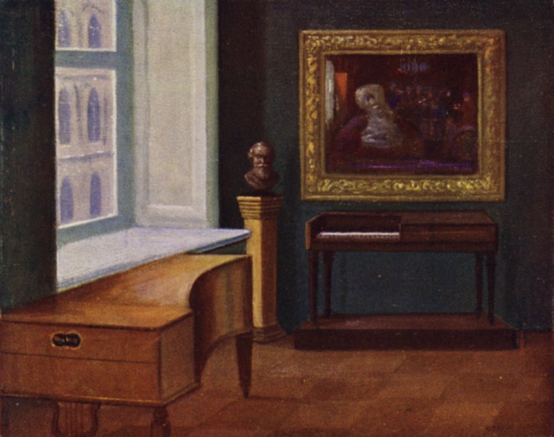 Mozarts spinet (til høyre) og Hugo Wolfs piano (til venstre) i Wiener bymuseum (farge litho) av Rudolf Klingsbogl