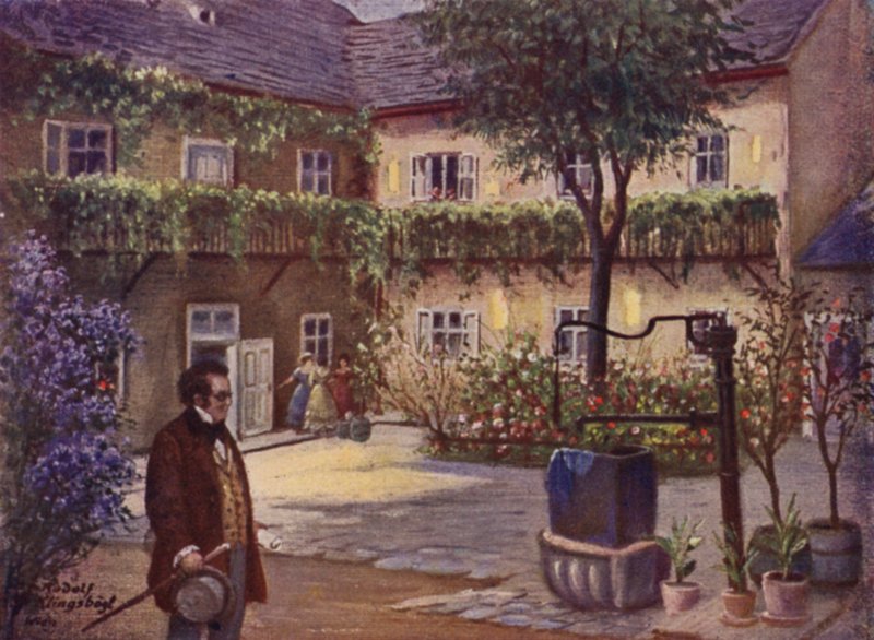 "Dreimaderlhaus" (farge litho) av Rudolf Klingsbogl