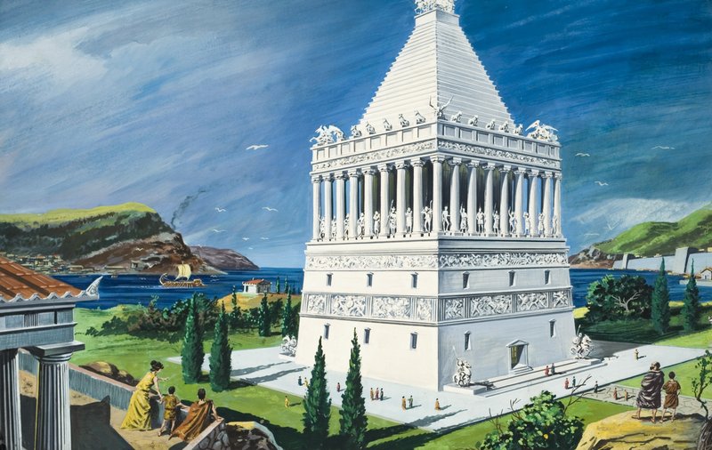 Mausoleet i Halikarnassos, ferdigstilt i 353 f.Kr. (gouache på papir) av Ruggero Giovannini