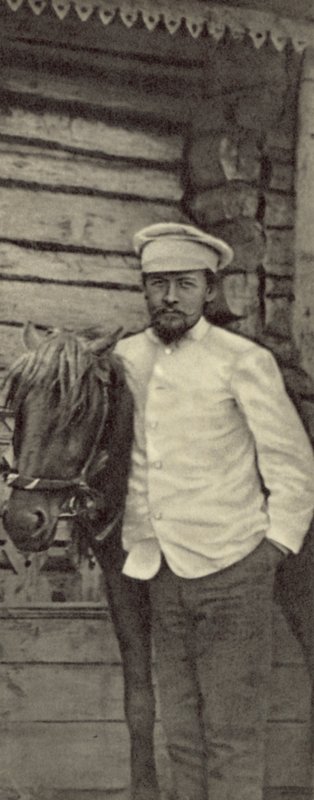 Anton Tsjekhov ved eiendommen hans Melikhovo, Russland, juni 1898 (s/hvitt-bilde) av Russian Photographer