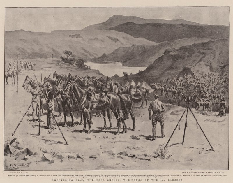 Tilflukt fra Boer Shells, Donga of the 5th Lancers av S.T. Dadd