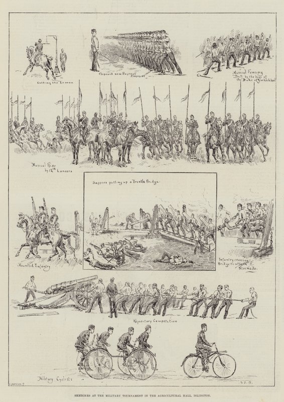 Skisser ved Militærturneringen i Agricultural Hall, Islington av S.T. Dadd
