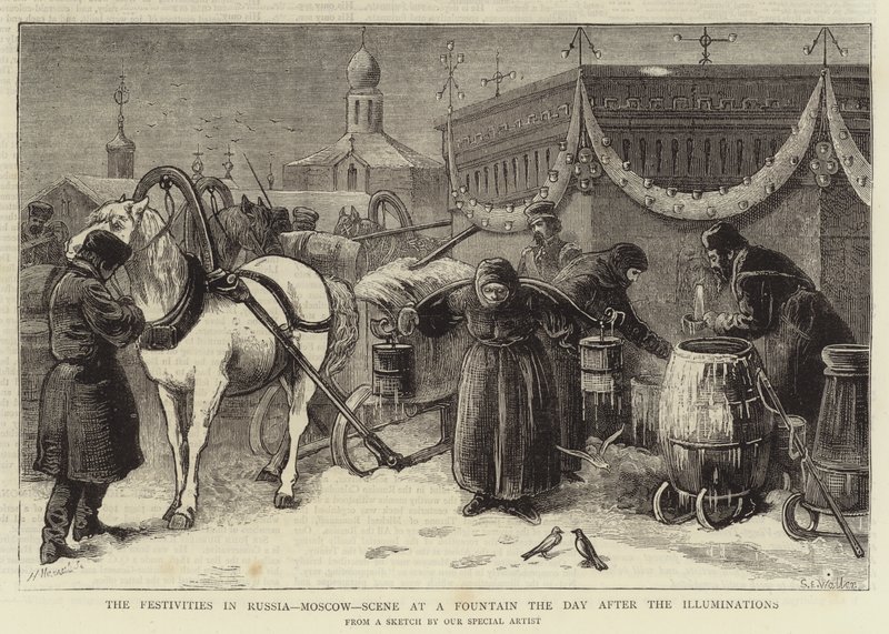 Festlighetene i Russland, Moskva, scene ved en fontene dagen etter belysningen av Samuel Edmund Waller