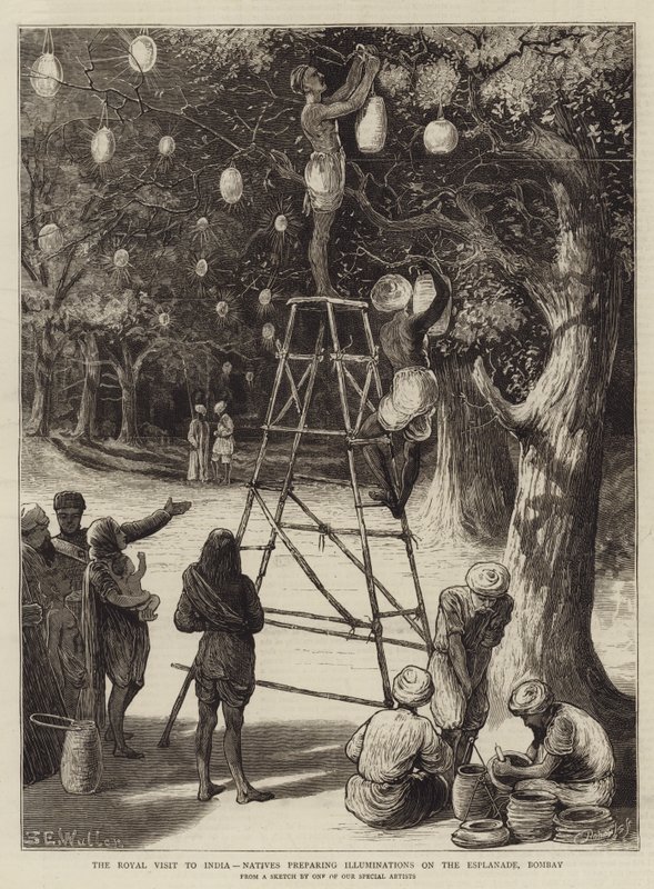 Det kongelige besøket i India, innfødte som forbereder belysning på Esplanade, Bombay av Samuel Edmund Waller