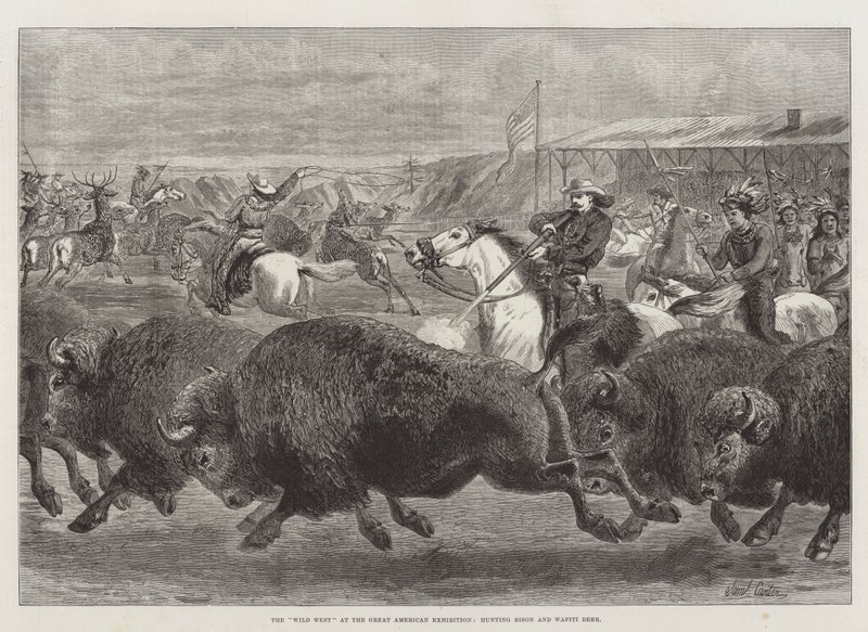 Det ville vesten på den store amerikanske utstillingen, jakter på bisoner og Wapiti-hjort av Samuel John Carter