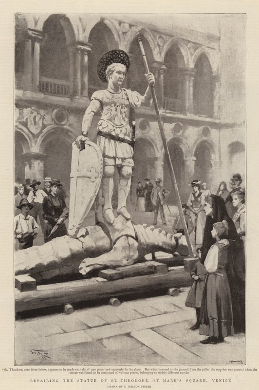 Reparerer statuen av St Theodore, Markusplassen, Venezia av Samuel Melton Fisher
