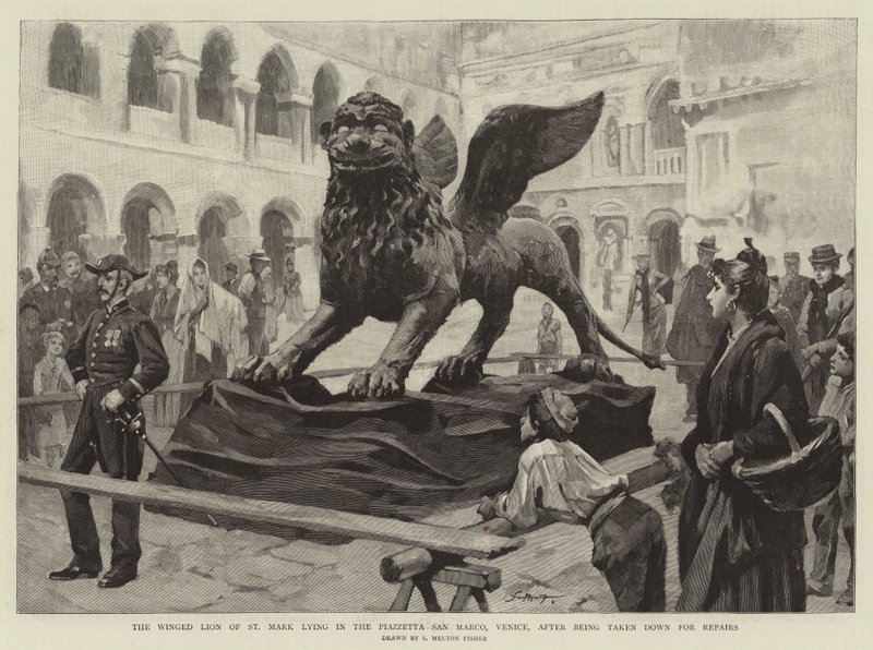The Winged Lion of St Mark ligger på Piazzetta San Marco, Venezia, etter å ha blitt tatt ned for reparasjoner av Samuel Melton Fisher