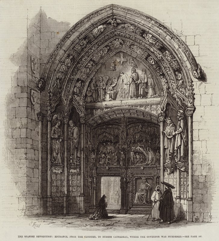 Den spanske revolusjonen, inngang, fra klosteret, til Burgos katedral, hvor guvernøren ble myrdet av Samuel Read
