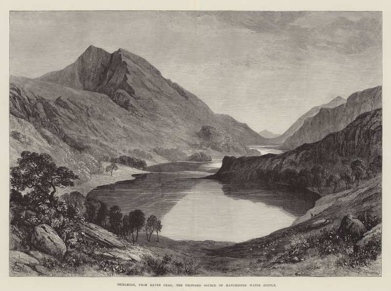 Thirlmere, fra Raven Crag; den foreslåtte kilden til Manchester vannforsyning av Samuel Read