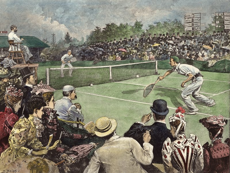 Mesterskapet i tennis på plen i Wimbledon i 1891, herrene W. Baddeley og J. Pim konkurrerer om finalen (farget gravering) av Samuel (after) Begg
