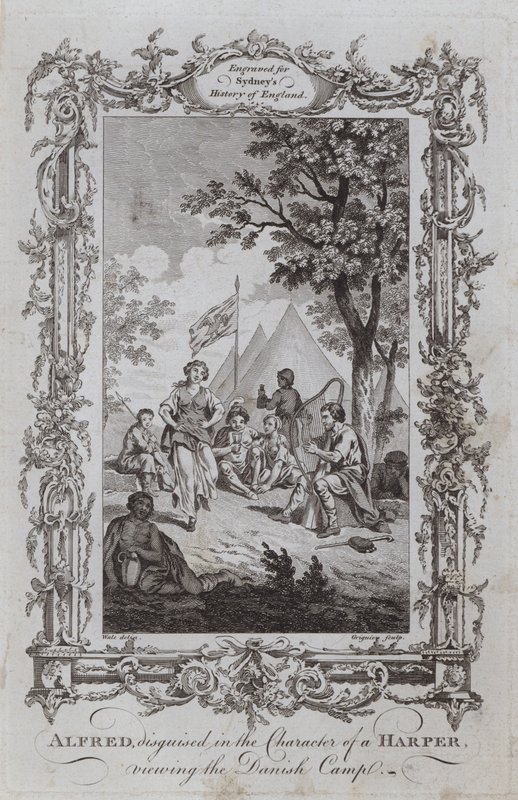 Alfred, forkledd i Character of a Harper, ser på den danske leiren (gravering) av Samuel (after) Wale