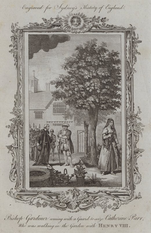 Biskop Gardiner kommer med en vakt for å gripe Catherine Parr, som gikk i hagen med Henry VIII (gravering) av Samuel (after) Wale