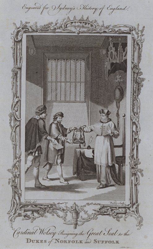 Kardinal Wolsey fraskriver seg det store seglet til hertugene av Norfolk og Suffolk (gravering) av Samuel (after) Wale