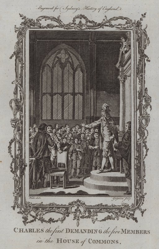 Charles den første som krever de fem medlemmene i Underhuset (gravering) av Samuel (after) Wale