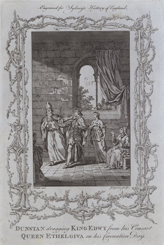 Dunstan drar kong Edwy fra sin konsort, dronning Ethelgiva på kroningsdagen (gravering) av Samuel (after) Wale