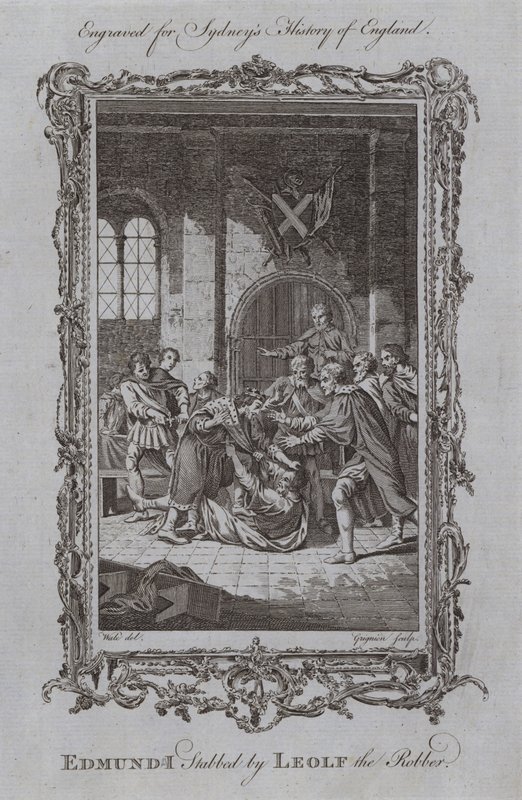 Edmund I knivstukket av røveren Leolf (gravering) av Samuel (after) Wale
