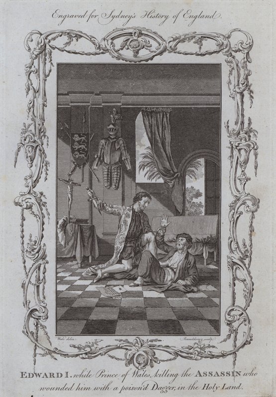 Edward I, mens prins av Wales drepte leiemorderen som såret ham med en forgiftet dolk, i Det hellige land (gravering) av Samuel (after) Wale