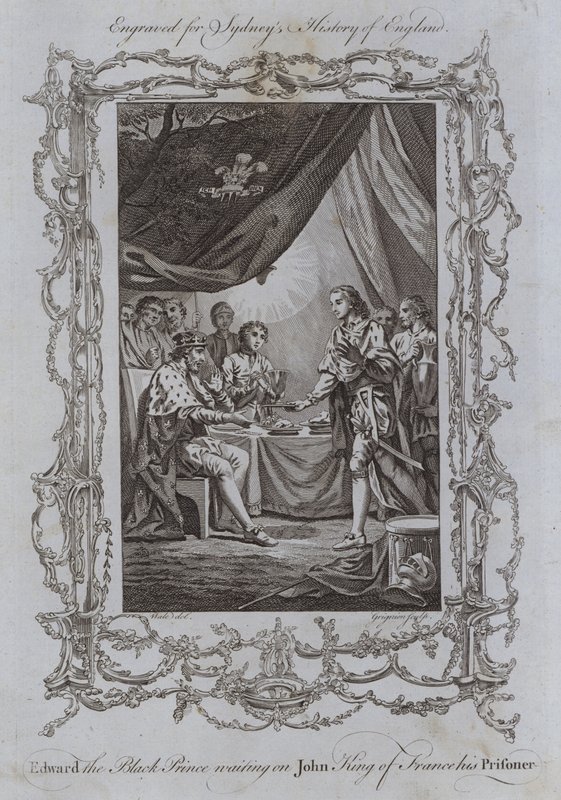 Edward den svarte prinsen venter på John King of France, hans fange (gravering) av Samuel (after) Wale