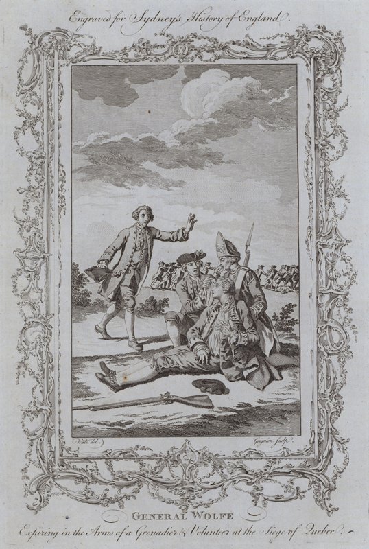 General Wolfe utløper i armene til en grenader og frivillig ved beleiringen av Quebec (gravering) av Samuel (after) Wale