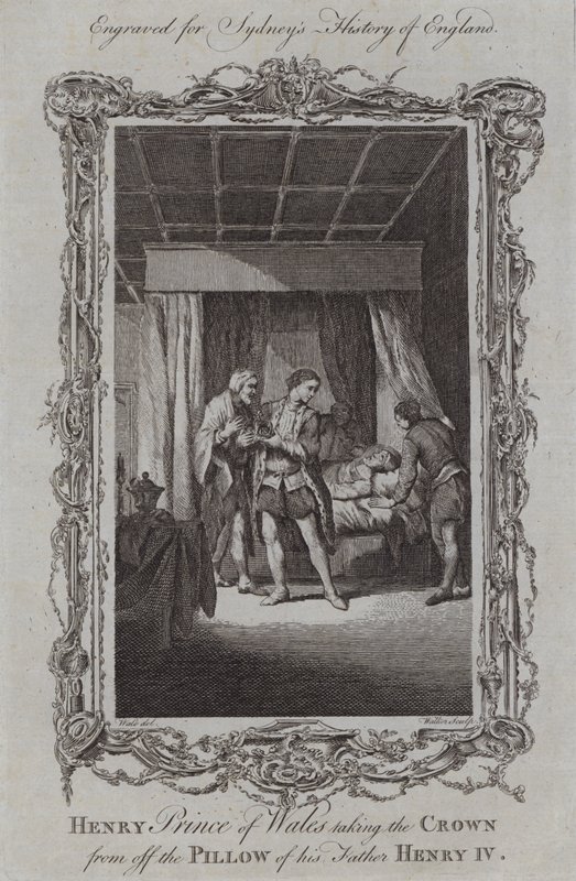 Henry Prince of Wales tar kronen fra puten til sin far Henry IV (gravering) av Samuel (after) Wale