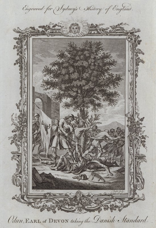 Odun, jarl av Devon tar den danske standarden (gravering) av Samuel (after) Wale