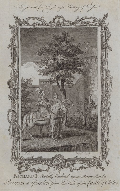 Richard I dødelig såret av et pilskudd av Bertram de Gourdon fra murene til slottet Chilus (gravering) av Samuel (after) Wale