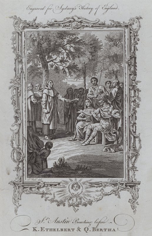 St Austin forkynner før K Ethelbert og Q Bertha (gravering) av Samuel (after) Wale