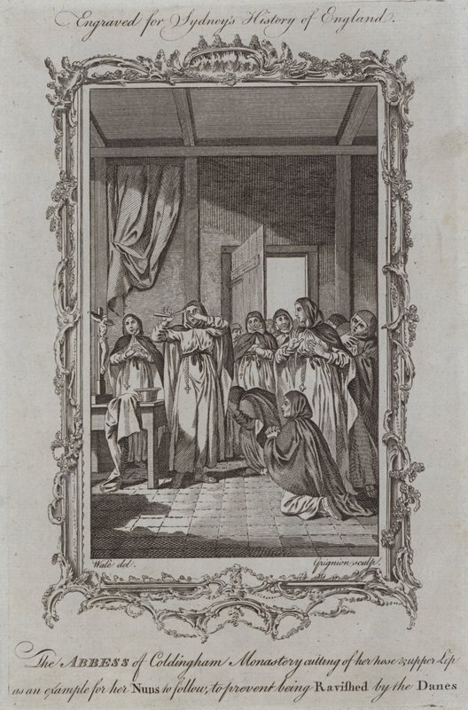 Abbedissen av Coldingham Monastery skjærer nesen og overleppen hennes som et eksempel for nonner å følge, for å unngå å bli henrykt av danskene (gravering) av Samuel (after) Wale