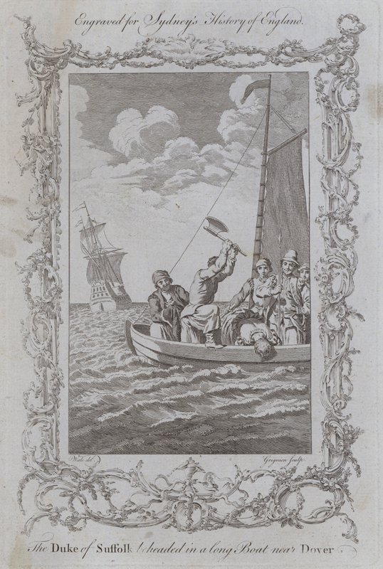 Hertugen av Suffolk halshugget i en lang båt nær Dover (gravering) av Samuel (after) Wale