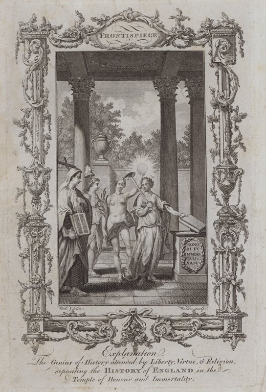 The Genius of History deltatt av Liberty, Virtue og Religion, deponerer Englands historie i Temple of Honor and Immortality (gravering) av Samuel (after) Wale