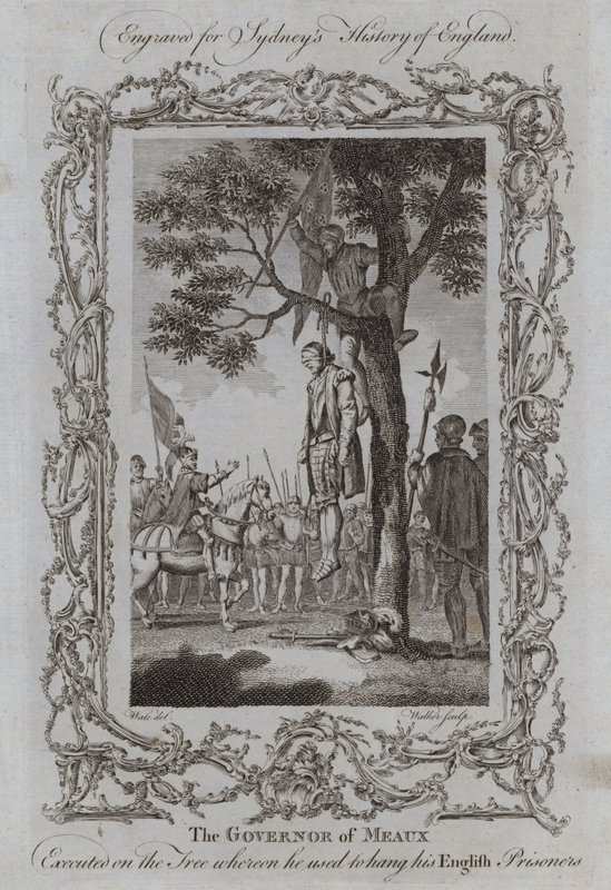 Guvernøren i Meaux henrettet på treet hvor han pleide å henge sine engelske fanger (gravering) av Samuel (after) Wale