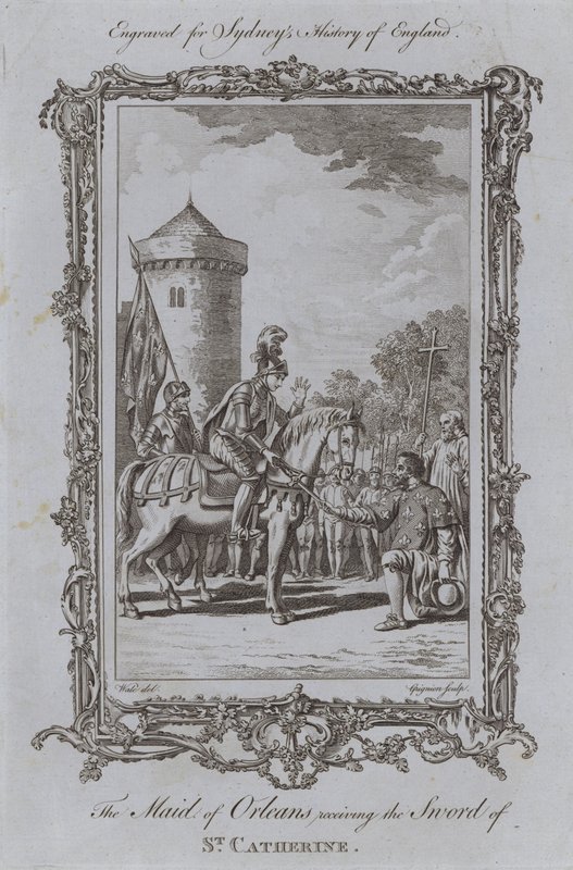 Maid of Orleans mottar St Catherines sverd (gravering) av Samuel (after) Wale
