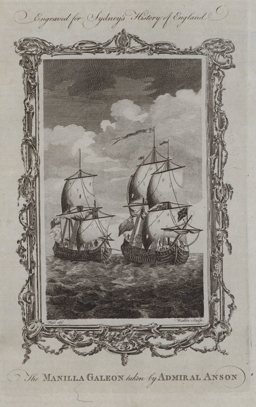 The Manilla Galeon tatt av admiral Anson (gravering) av Samuel (after) Wale