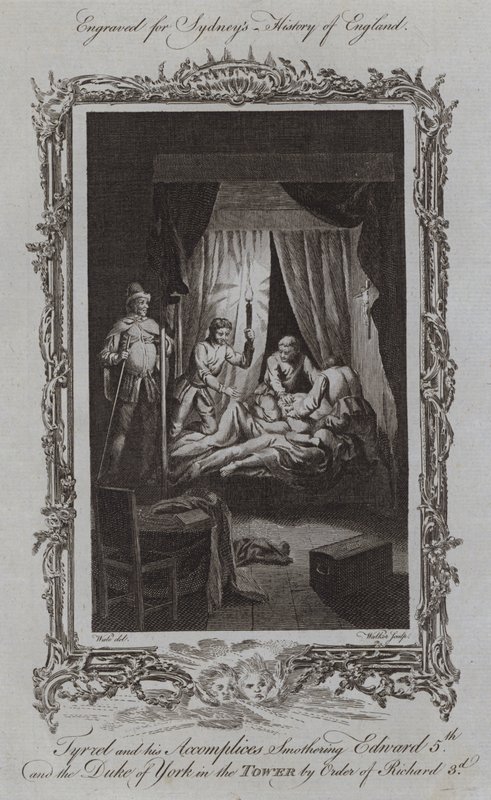 Tyrrel og hans medskyldige kveler Edward V og hertugen av York i tårnet etter ordre fra Richard III (gravering) av Samuel (after) Wale