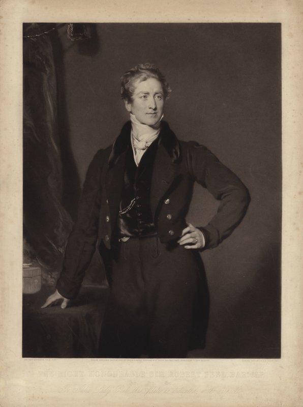 Sir Robert Peel , engelsk konservativ politiker og statsminister (gravering) av Samuel Cousins