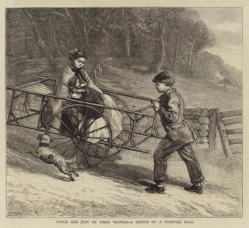 Punch og Judy på deres reiser, en skisse på en Turnpike Road av Samuel Edmund Waller