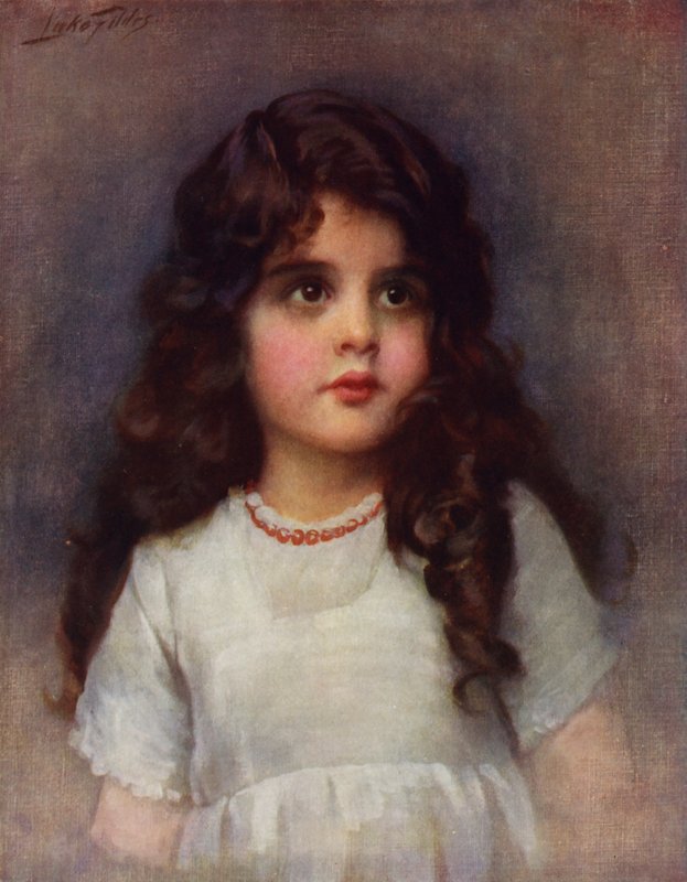 Curly Locks: portrett av en pen ung jente med langt mørkt krøllete hår (litho-farge) av Samuel Luke (after) Fildes