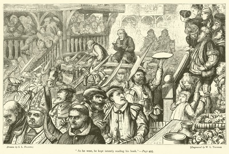 Mens han gikk, fortsatte han å lese boken sin av Samuel Luke Fildes